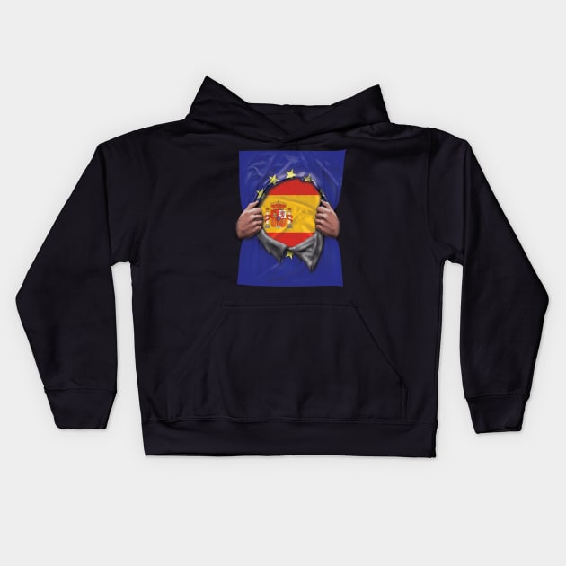 Spain Flag European Union Flag Ripped Open - Gift for Spanish From Spain Kids Hoodie by Country Flags